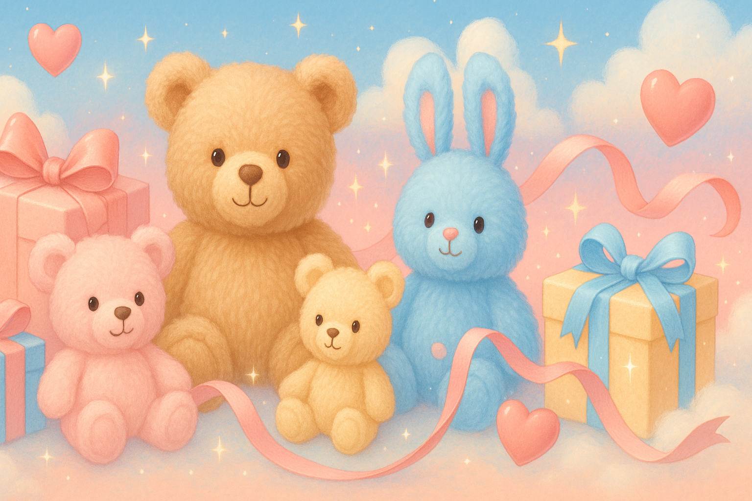 A bright, colorful banner design featuring cute and soft fluffy teddy bears and plush toys arranged in a playful style. Use pastel colors like baby pink, sky blue, and soft yellow to create a warm and cozy vibe. Add soft lighting, sparkles, and a dreamy background with clouds and stars. Include a modern shopping theme with decorative elements like gift boxes, hearts, and ribbons. Make it look premium, eye-catching, and perfect for a toy store homepage banner. High-resolution, wide banner aspect ratio
