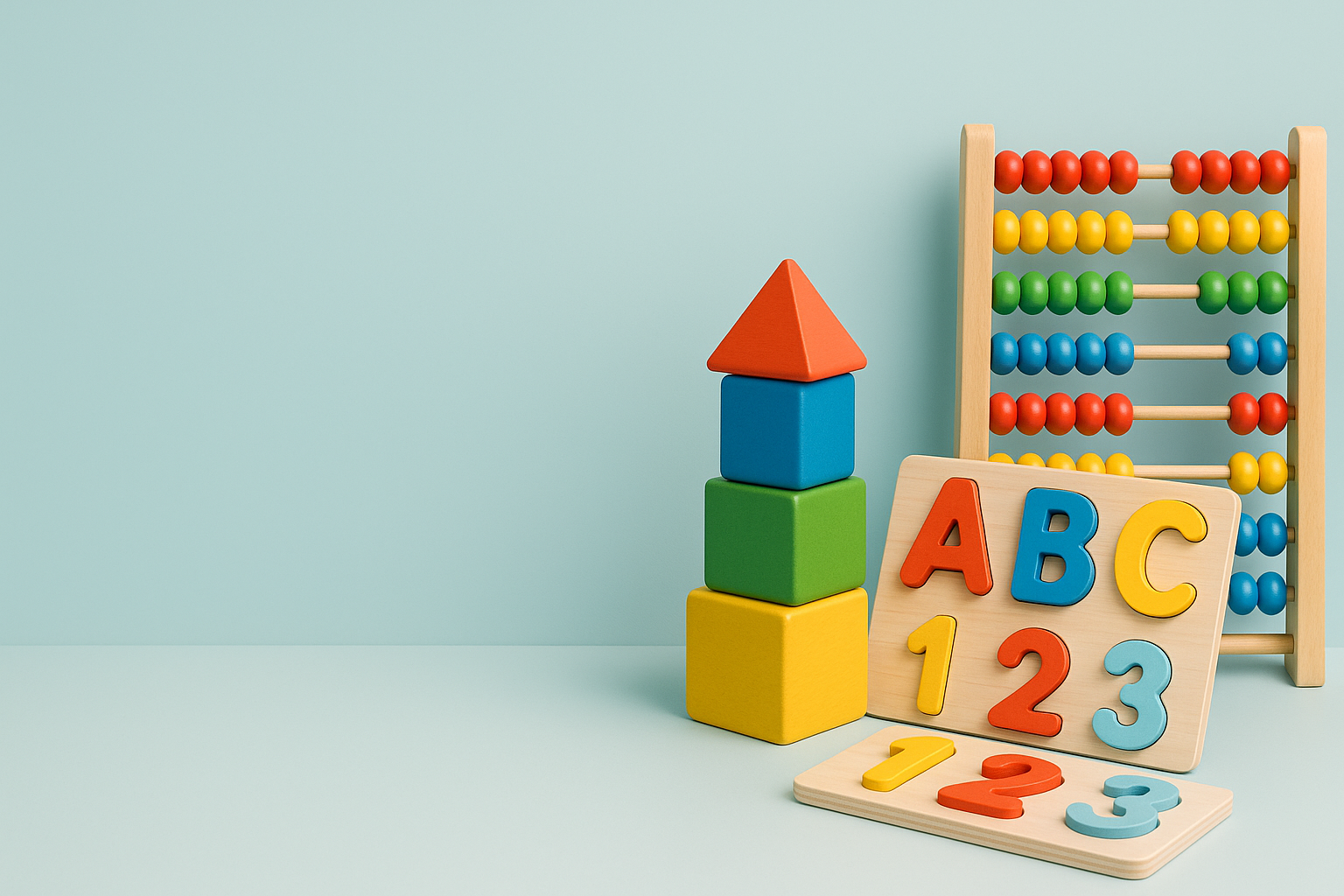 Create a modern website slider design with a clean and playful theme. The background color should be #c0d2d3. On the right side of the slider, place colorful educational toys such as building blocks, puzzles, and an abacus. Leave the left side Empty. The overall style should be bright, minimal, and attractive, suitable for a children's educational toy store