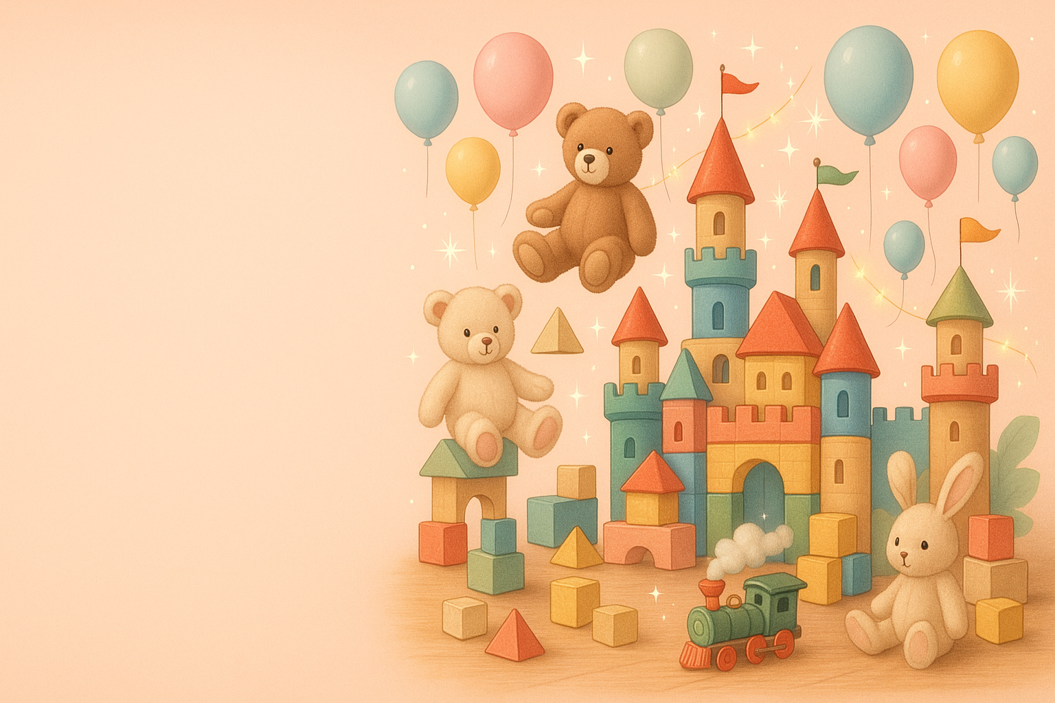 Design a creative website slider with a dreamy and playful theme. The background color should be #e5bdb6. On the right side of the slider, illustrate a magical toy wonderland — filled with whimsical elements like castles made of blocks, floating balloons, teddy bears, toy trains, and fantasy lights. The left side should be empty. and the visibility of image is clear no blurry 