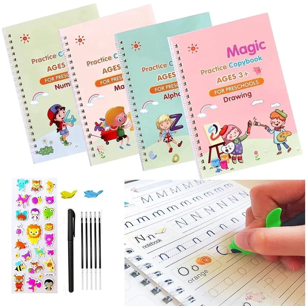 Magic Reusable Calligraphy Copybook Set | 3D Tracing Workbook for Kids (Math, English, Numbers & Letters)