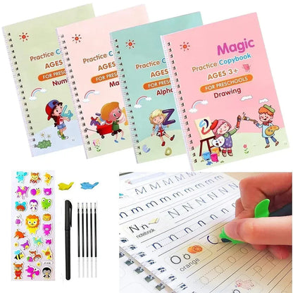 Magic Reusable Calligraphy Copybook Set | 3D Tracing Workbook for Kids (Math, English, Numbers & Letters)